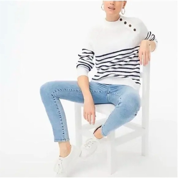 J. Crew stripped cotton button nautical sweater blue white coastal grandma - Picture 1 of 7